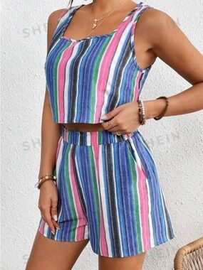 SHEIN Multicolor Striped Tank Top and Shorts Set